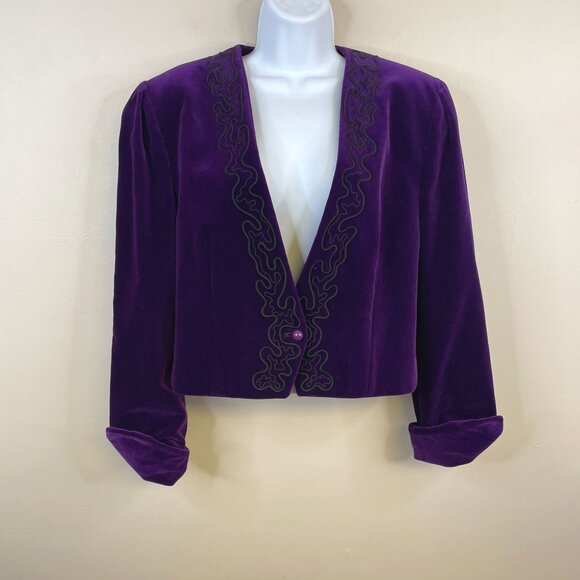 Vintage Jaeger London Velvet Cropped Blazer Size 12 Purple Embroidered Holiday - Picture 1 of 13